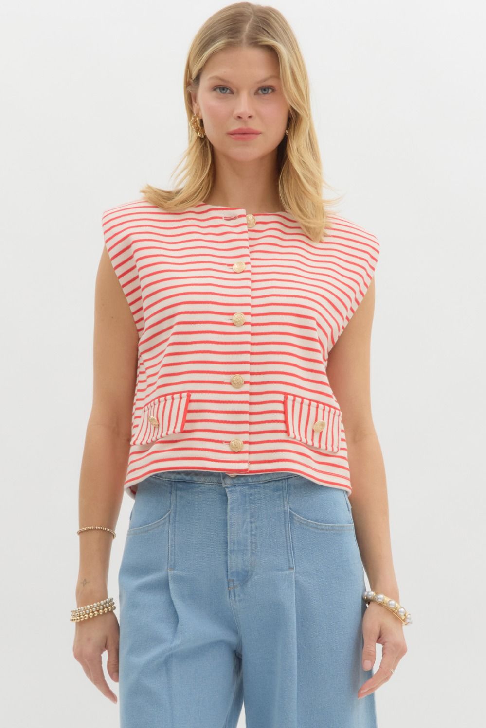 Sara Red Stripe Button Front Top