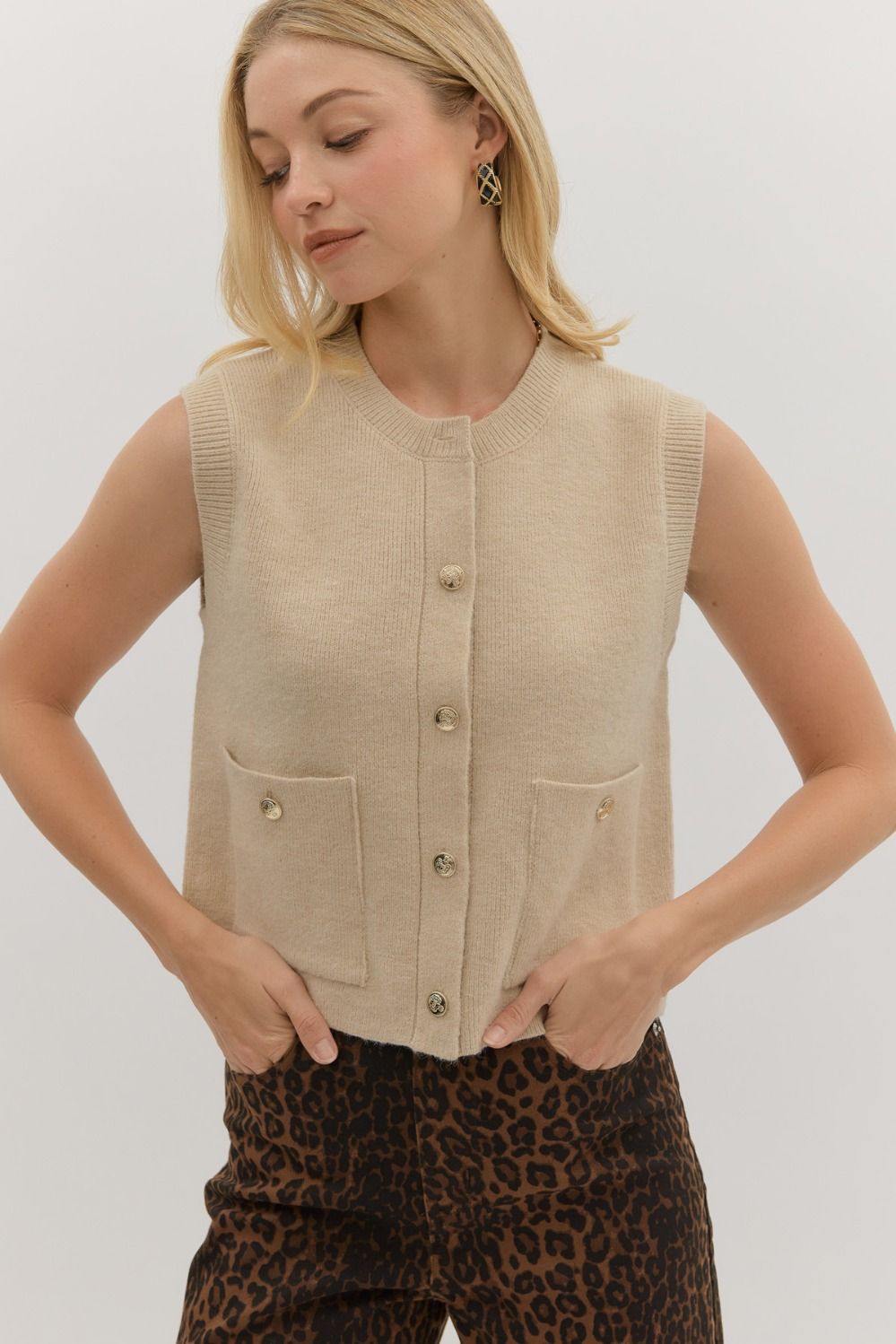 Ecru Sleeveless Button Top