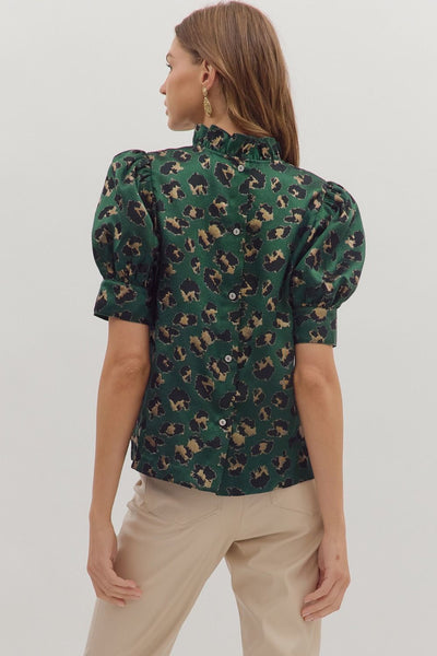Leopard Ruffle Neck Blouse