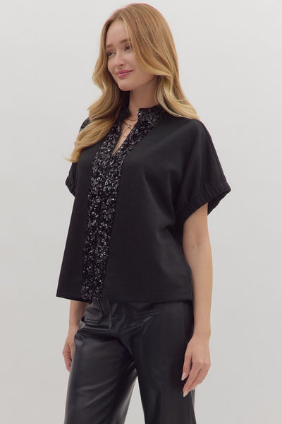 Black Sequin Trim Short Sleeve Blouse