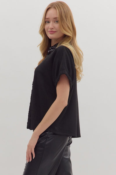 Black Sequin Trim Short Sleeve Blouse