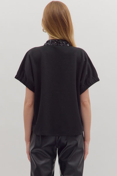 Black Sequin Trim Short Sleeve Blouse