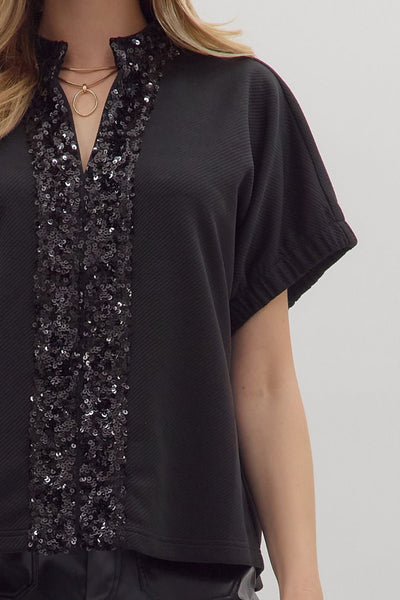 Black Sequin Trim Short Sleeve Blouse