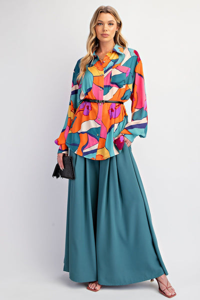 Teal Printed Mirabelle Satin Shirt