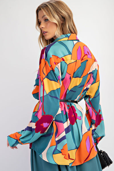 Teal Printed Mirabelle Satin Shirt