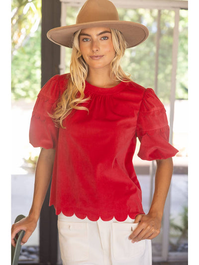 Scalloped Hemline Bubble Sleeve Solid Corduroy Top