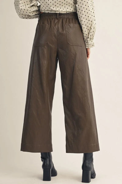 McKee Vegan Leather Wide Leg Pant With Stud Detail - Brown