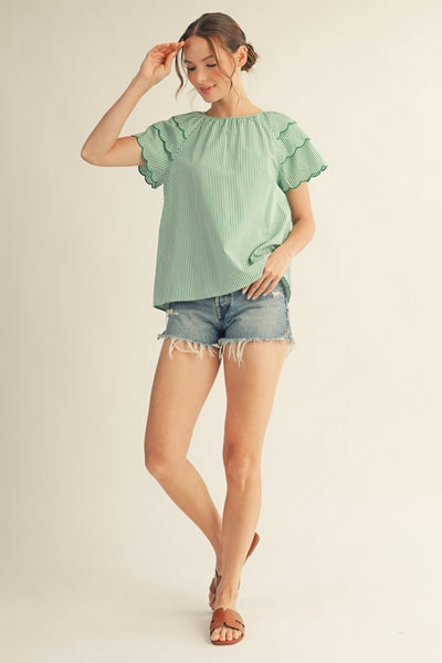 Misty Scallop Sleeve Striped Top