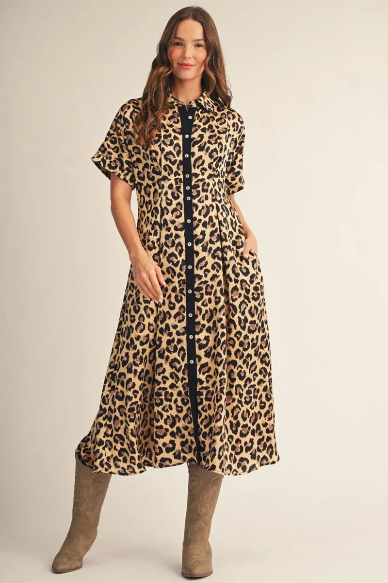Leopard Pleat Detail Midi Dress