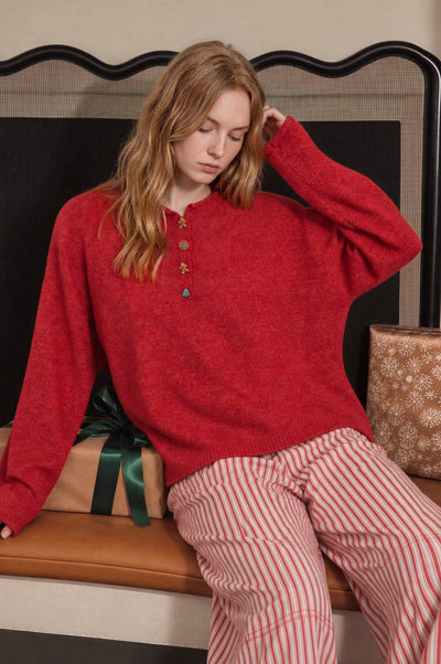 Novelty Holiday Button Henley Pullover Sweater