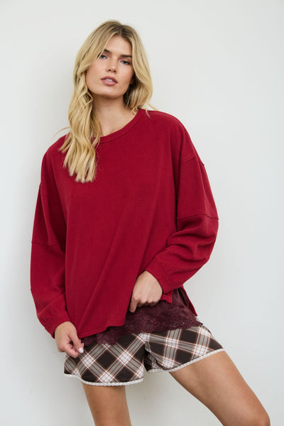 Ribbed Extended Shoulder Boxy Crew Neck Knit Top
