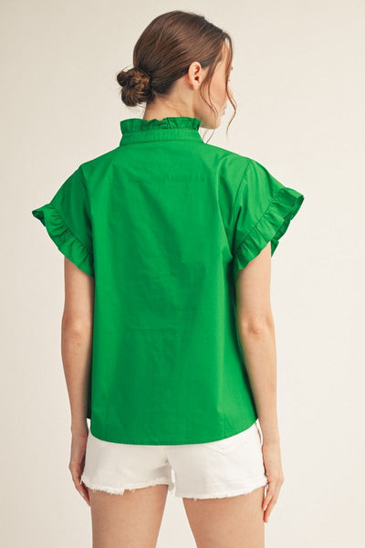 Susana Short Sleeve Ruffle Neck Button Front Top