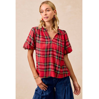 Tartan Plaid Puff Sleeve Blouse