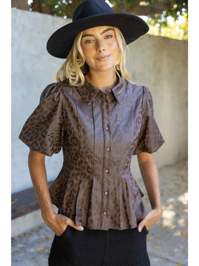 Pleated Collar Button Down Faux Leather Top - Brown