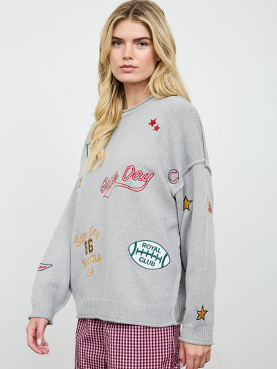 Game Day Embroidered Crew Neck Knit Sweater
