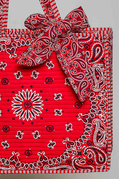 Quilted Bandana Paisley Striped Trim Oversized Tote Bag
