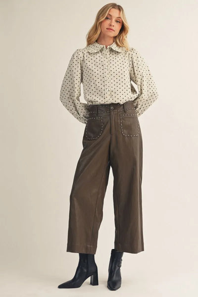 McKee Vegan Leather Wide Leg Pant With Stud Detail - Brown