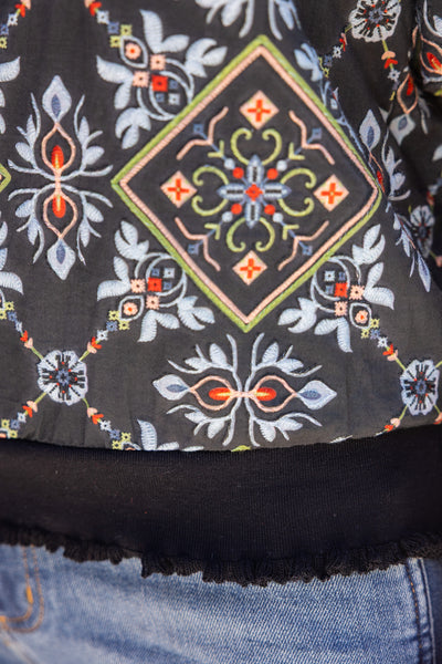 Band Detail Ornamental Tile Embroidered Print Top