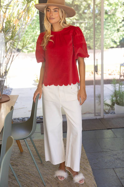 37225 Scalloped Hemline Bubble Sleeve Solid Corduroy Top