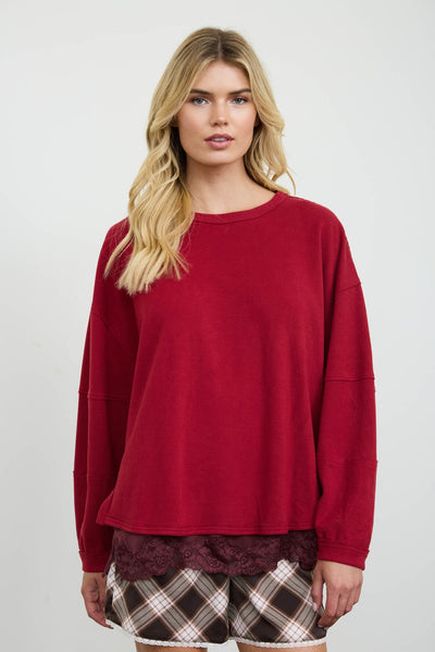 Ribbed Extended Shoulder Boxy Crew Neck Knit Top