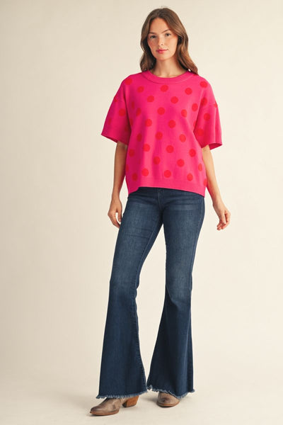 Milton Polka Dot Short Sleeve Sweater - Hot Pink