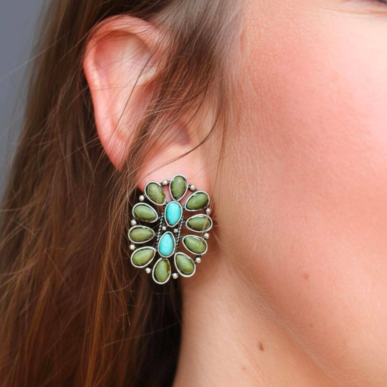 Turquoise & Green Oval Cluster Post Earring