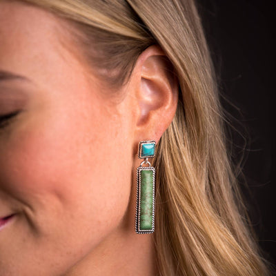 Green Bar Earring On Turquoise Square Post