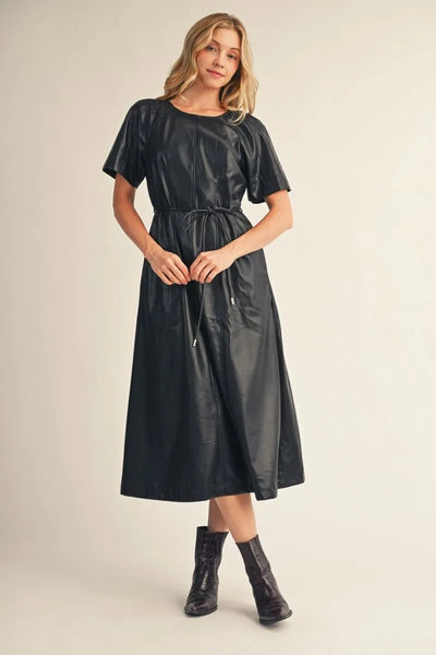 Black Faux Leather Midi Dress