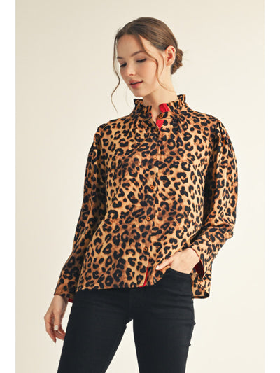 Leopard Ruffle Neck Blouse