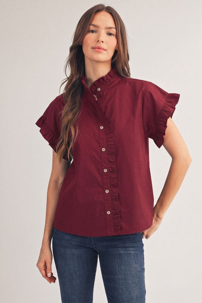 Susana Short Sleeve Ruffle Neck Button Front Top