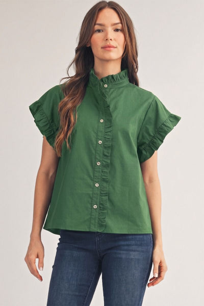 Susana Short Sleeve Ruffle Neck Button Front Top
