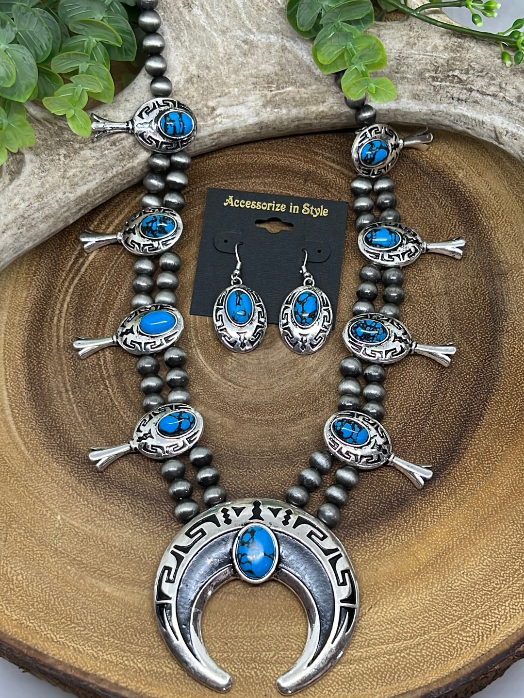 Cemani Fashion Navajo Blossom Necklace & Earrings With Shading - Turquoise