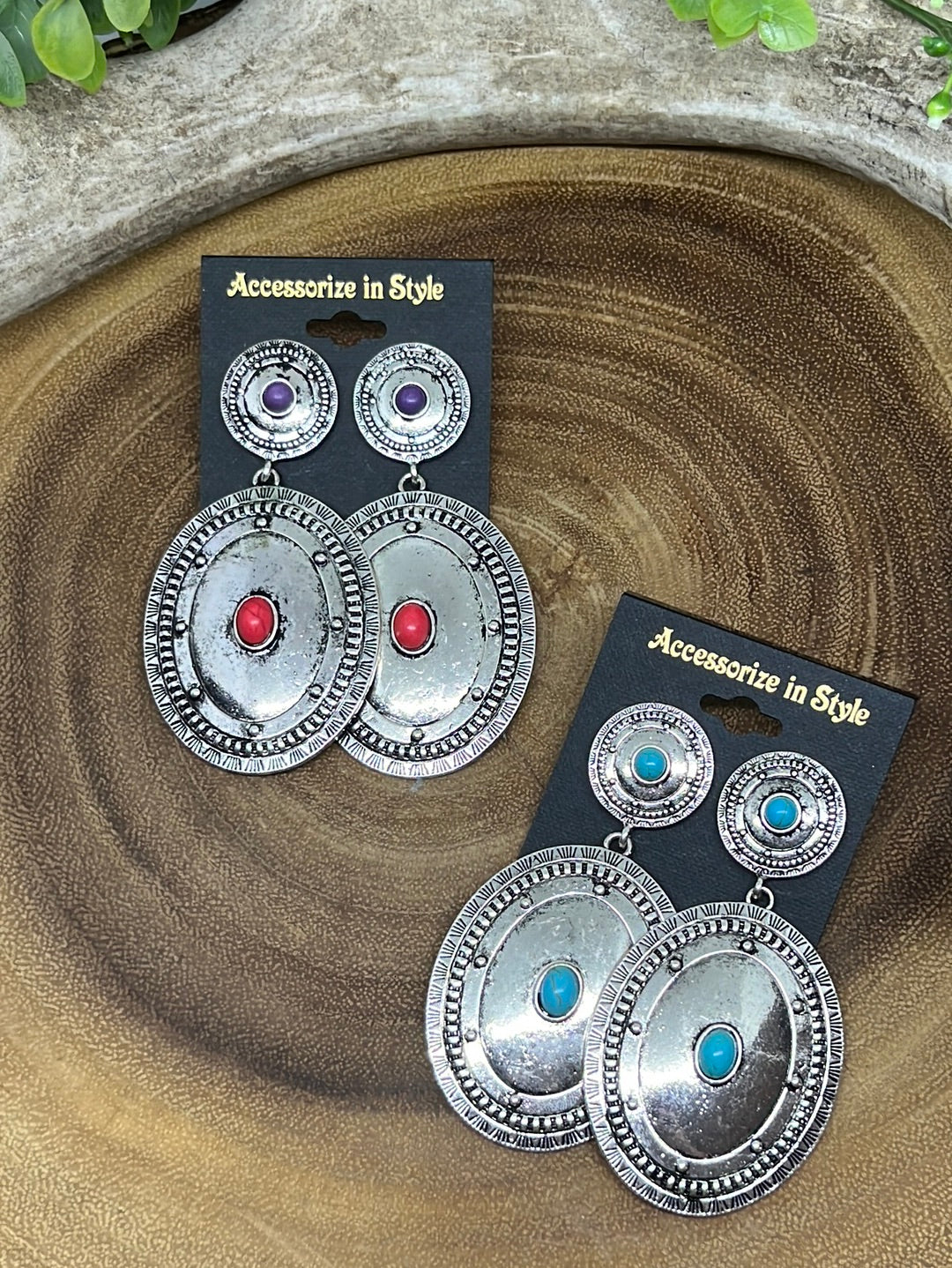 Minorca Fashion Silver Double Concho Earrings With Center Stones