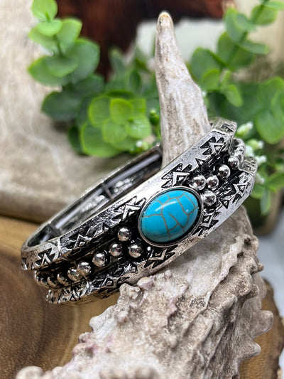 Browning Fashion Silver Wide Stamped Stretch Bracelet Oval Stone - Turquoise