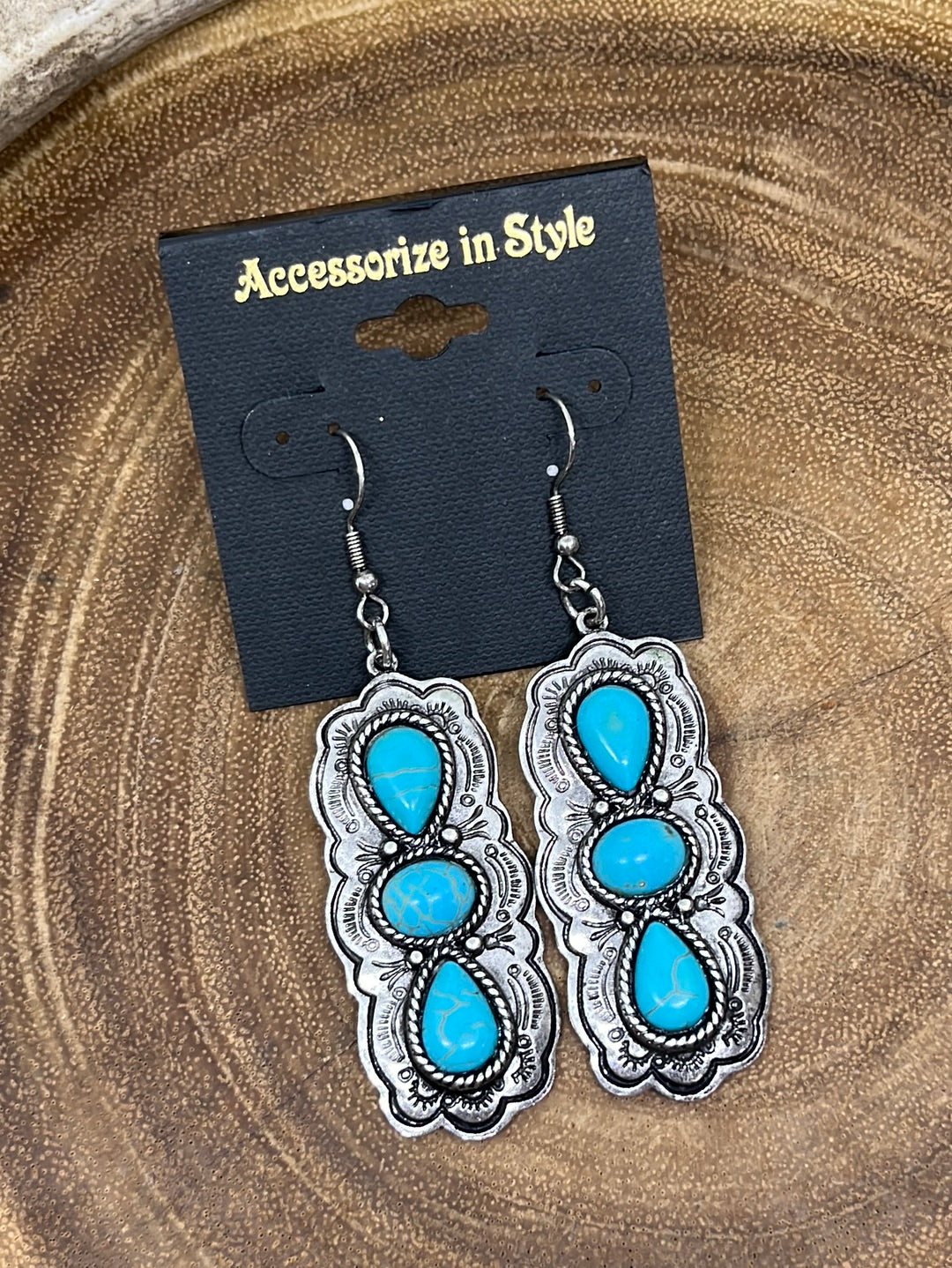 Brahma Fashion Silver Triple Stone Fish Hook Earrings - Turquoise