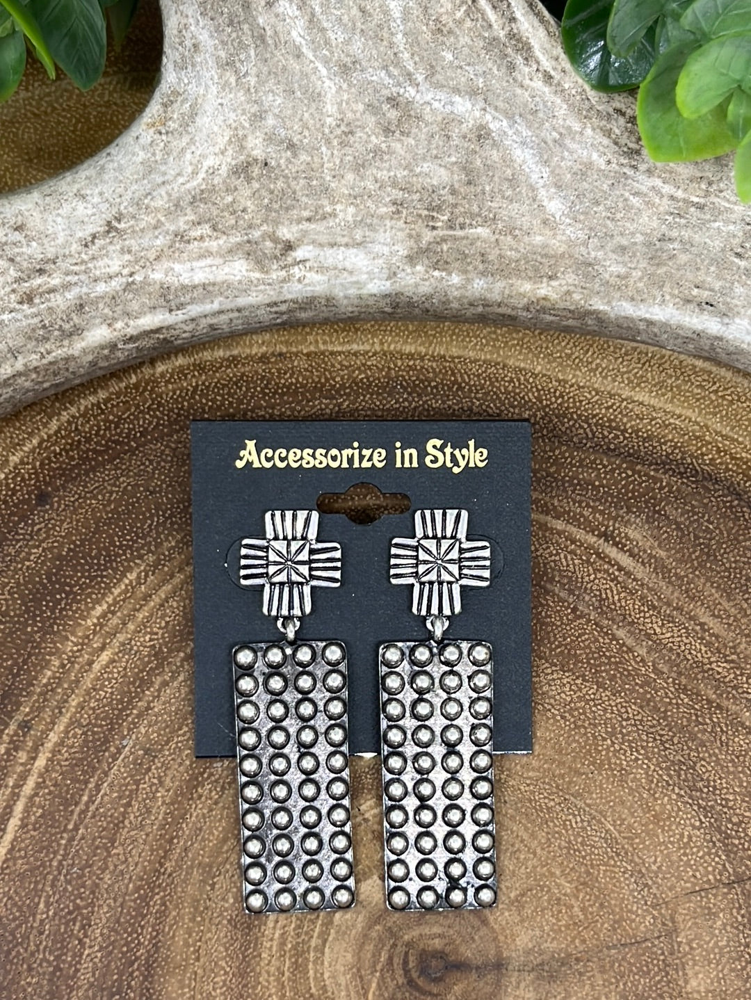 Bresse Fashion Silver Cross Post Dotted Rectangle Drop Earrings