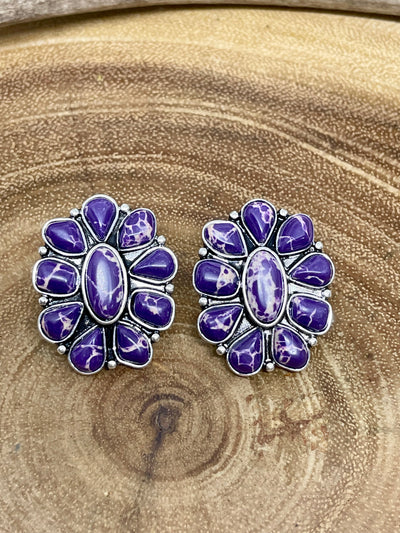 Leslie Fashion Navajo Necklace With Oval Cluster Pendant & Earrings - Purple