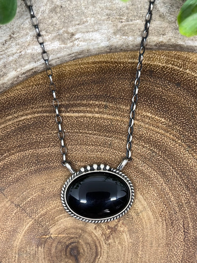 Gloria Sterling Link Chain With Roped Round Onyx Pendant