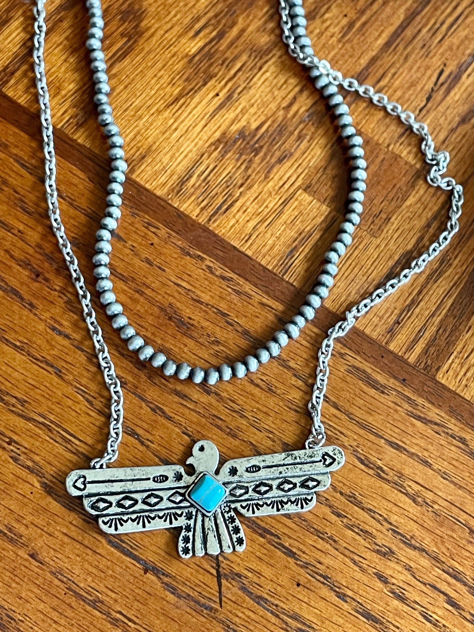 Soaring Double Layered Silver & Navajo Thunderbird Necklace - Turquoise
