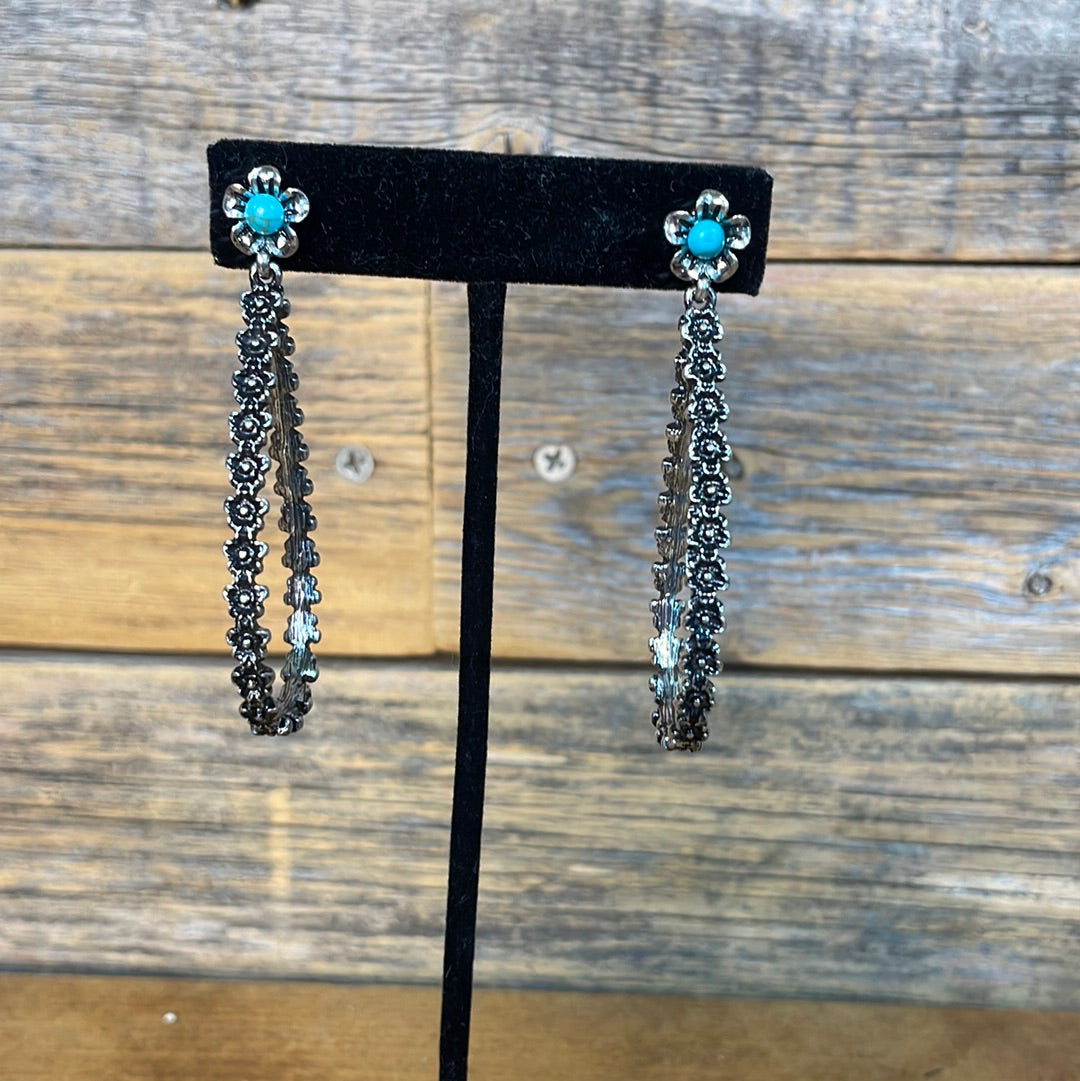 Vista Stamped Post Flower Teardrop Hoop Earrings - 3"