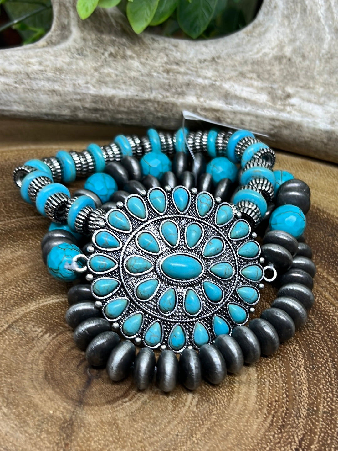 Concho 3 Strand Fashion Silver & Turquoise Bead Bracelet Set With Cluster Concho