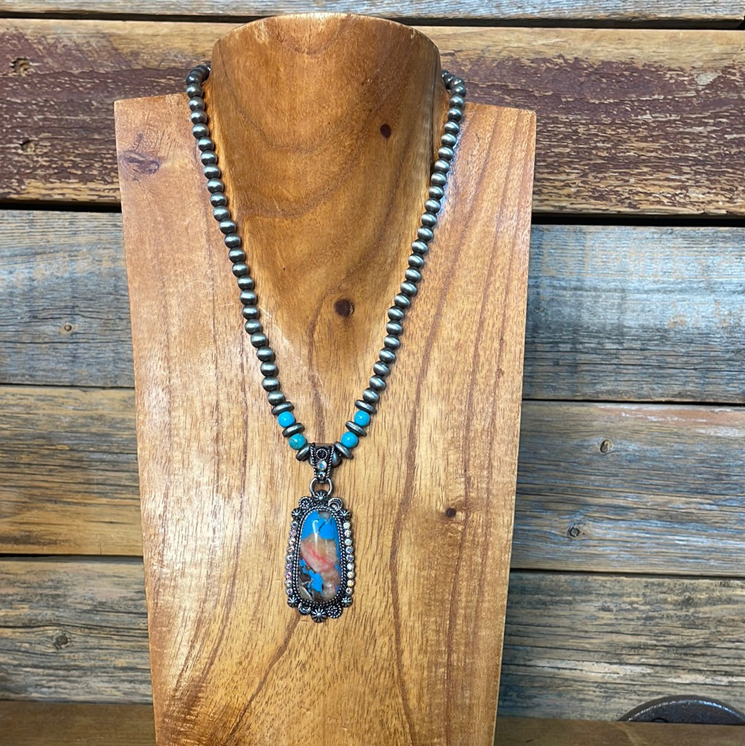 Nina Fashion Navajo Oval Stone Burst & Rhinestone Necklace - 16"