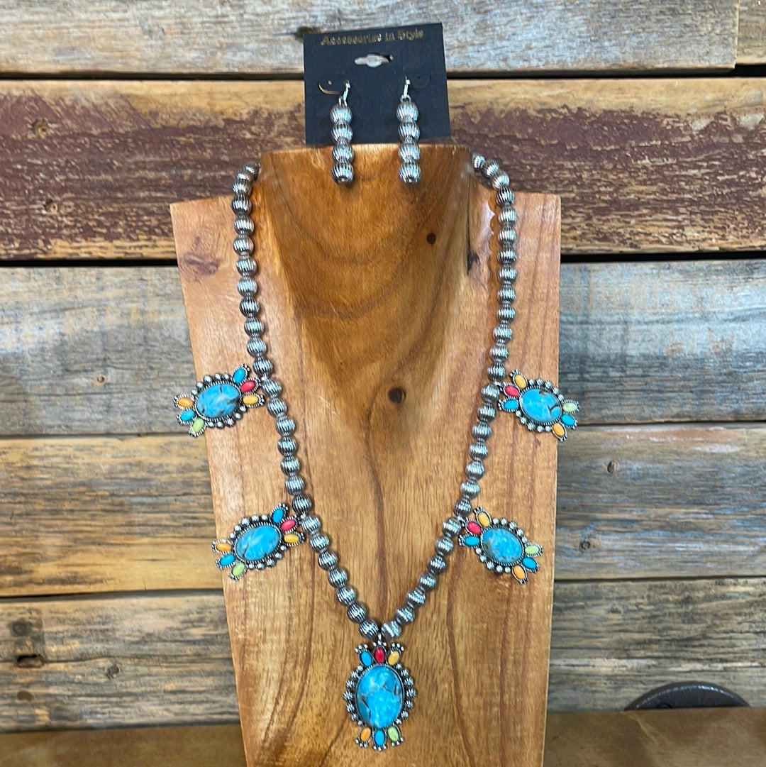 Ryder Stamped Bead Semi Stone Necklace & Earrings