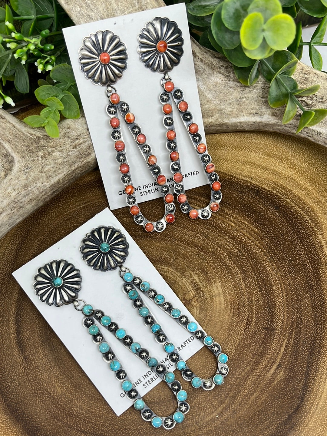 Huntington Round Stone Sterling Concho Post Long Triangle Earrings