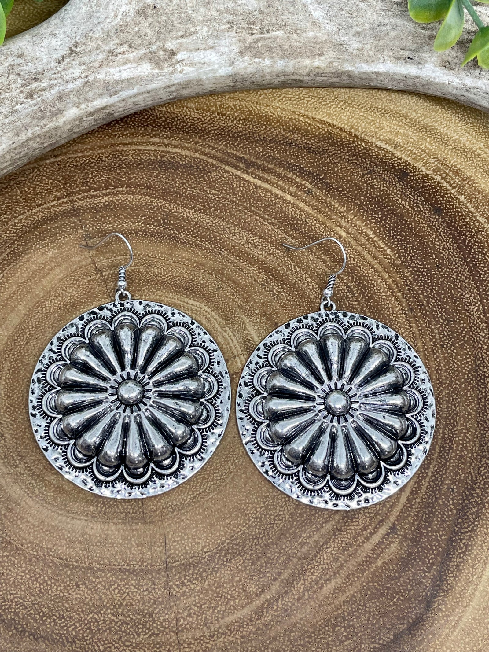Cooper Round Stamped Concho Fish Hook Earrings - Silver