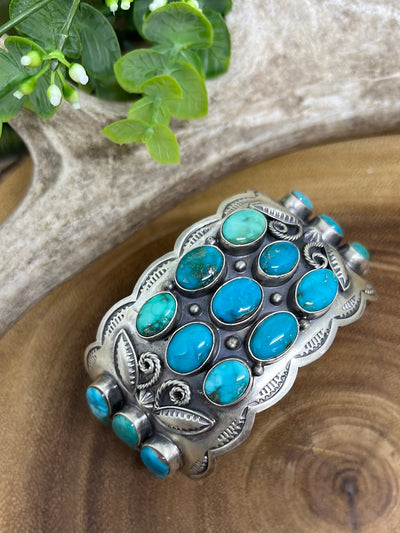 Fair Maiden 21 Stone Wide Sterling Cuff - Turquoise