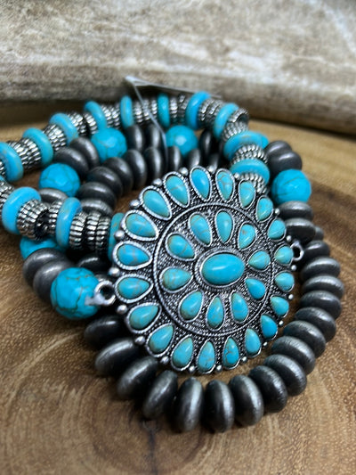 Concho 3 Strand Fashion Silver & Turquoise Bead Bracelet Set With Cluster Concho