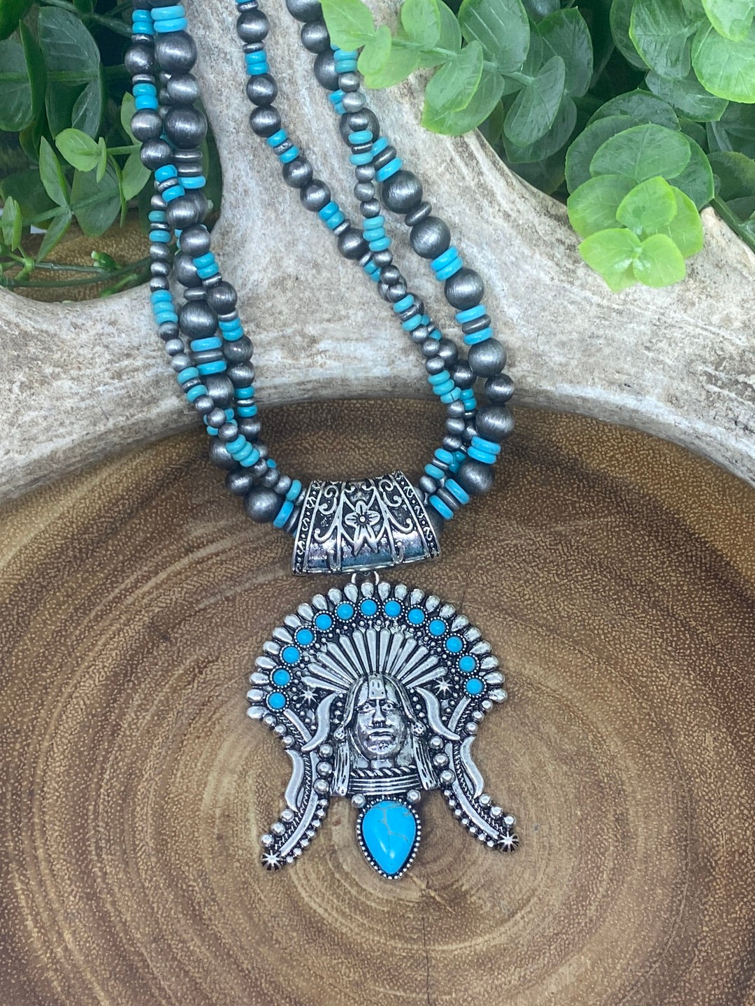 Tonopah 3 Strand Navajo & Turquoise Necklace with Indian Pendant