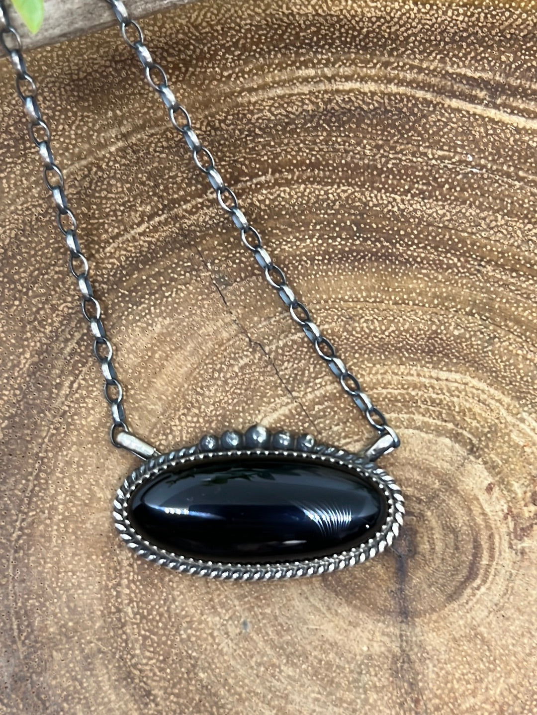 Gloria Sterling Link Chain With Roped Oval Onyx Pendant