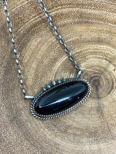 Gloria Sterling Link Chain With Roped Oval Onyx Pendant